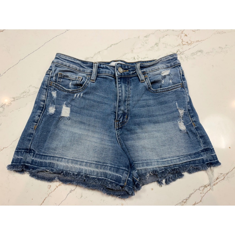 Vervet Blue Womens Distressed Denim Shorts Medium Wash Raw Hem Size M